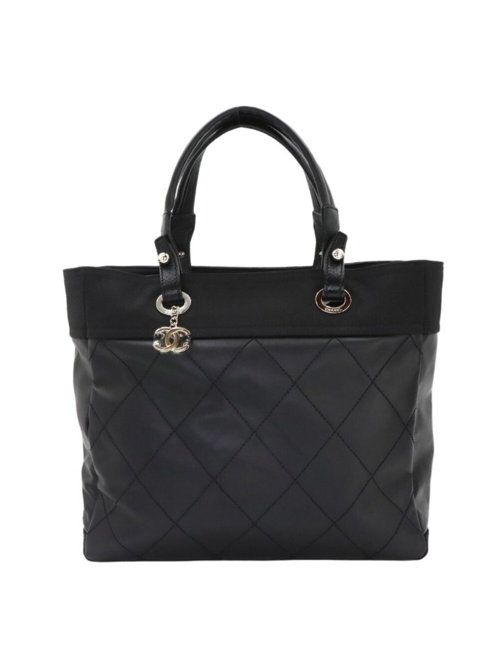 Chanel Paris Biarritz GM Tote Nylon Leather Black Silver